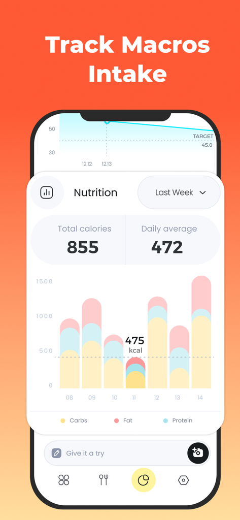 FitCal AI-Calorie Counter&Diet - A nutrition dashboard in the FitCal AI app showing a stacked bar chart for daily macro intake including carbs fat and protein