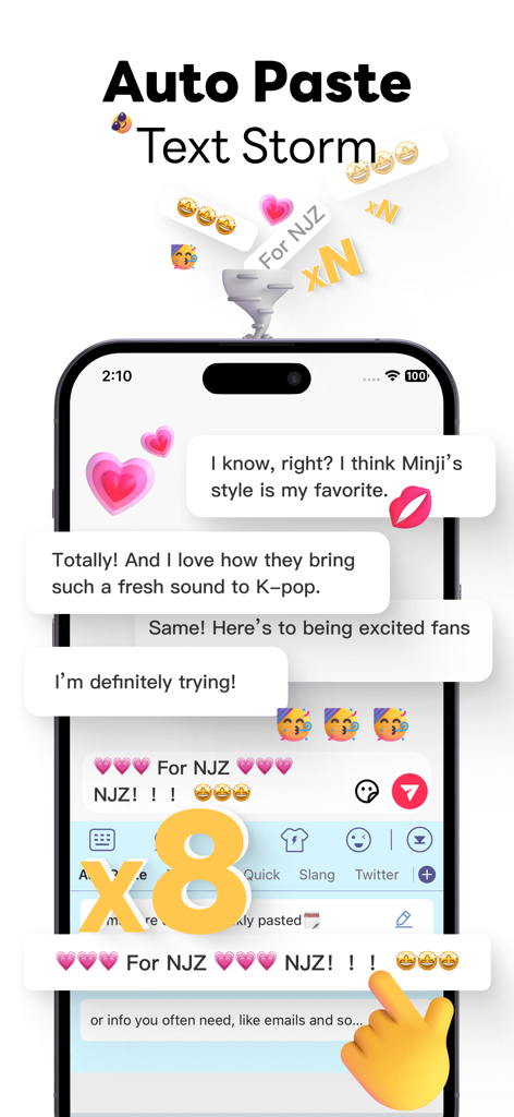 HT Keyboard Fonts - Fonts Art - A smartphone screen displaying the Auto Paste Text Storm feature for sending repetitive messages in a chat