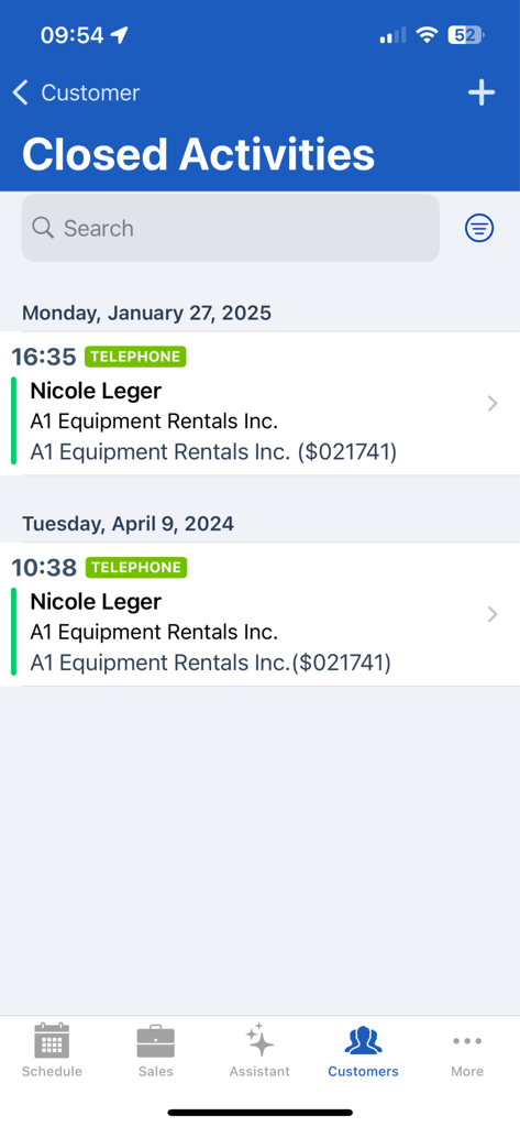 SalesLink Flex - SalesLink Flex mobile app screen showing a list of closed customer telephone activities