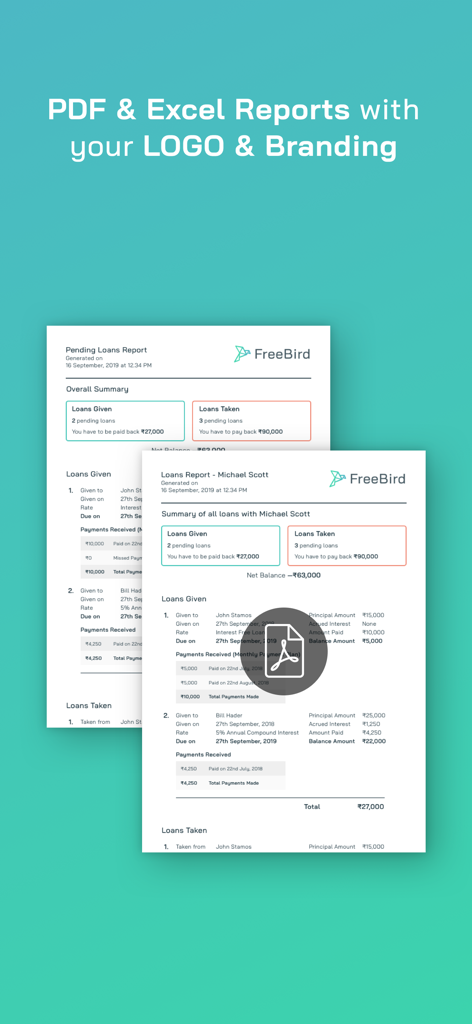 Sample professional PDF and Excel loan reports with custom branding from the Freebird app.