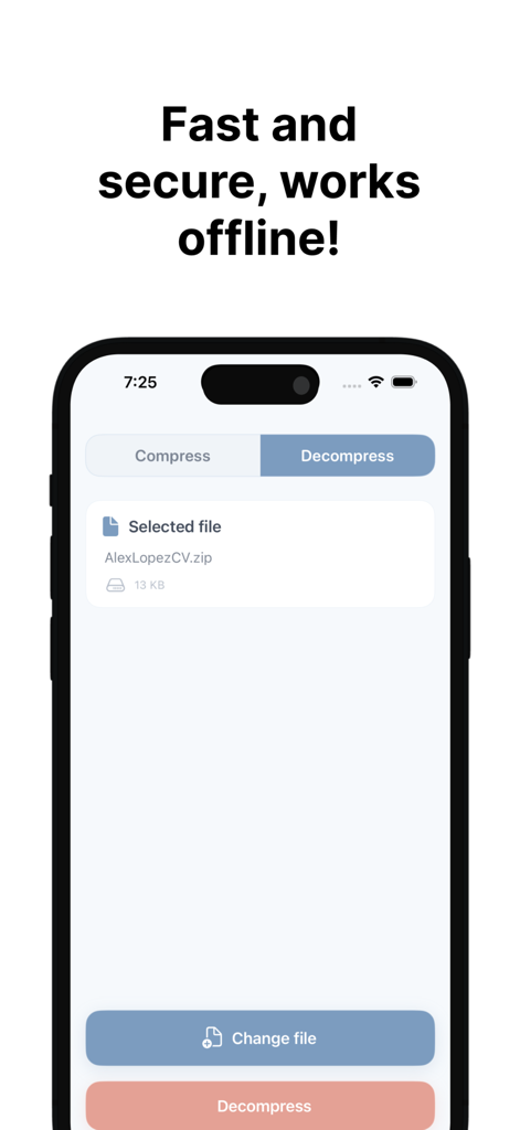ZIP & RAR Extractor Unzip File - Pantalla de iPhone que muestra la interfaz de descompresión de la aplicación extractora de ZIP y RAR con un archivo zip seleccionado listo para ser descomprimido.