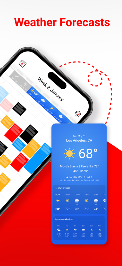Week Calendar App-Oberfläche mit integrierten lokalen Wettervorhersagen und stündlichen Temperatur-Updates
