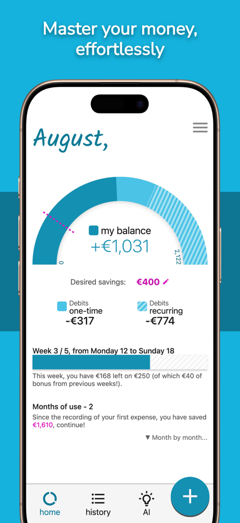 Écran d'accueil de l'application Kakebo affichant le solde mensuel, les objectifs d'épargne et le suivi des débits.