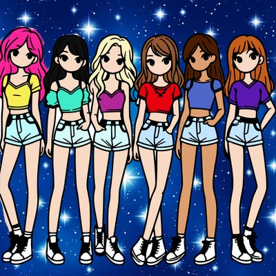 a group of girls wearing crop tops and shorts