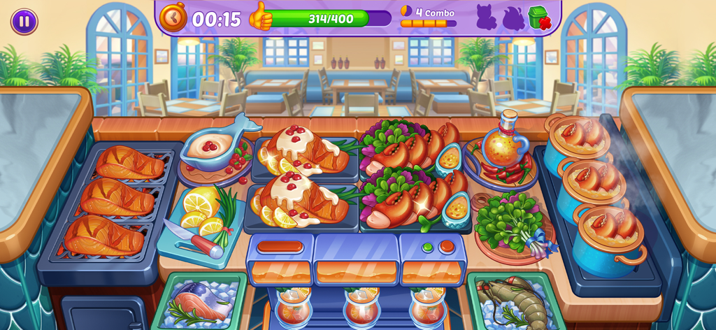 Cooking Crush Cooking Games - Gameplay screenshot of a seafood restaurant level in Cooking Crush featuring grilled fish and lobster dishes