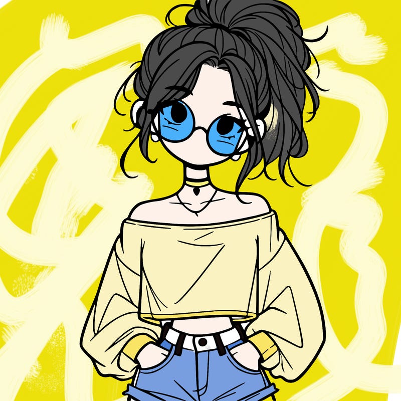 girl with a messy ponytail glasses a baggy crop top and jean shorts