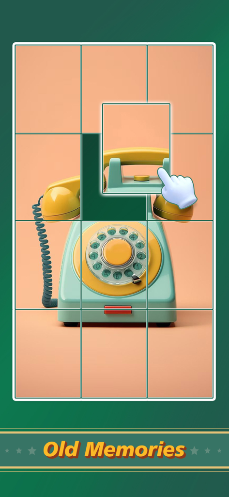 Jigsaw Puzzle Art: Relax Book - A hand placing a piece into a grid puzzle of a vintage teal and yellow rotary phone with the text Old Memories.