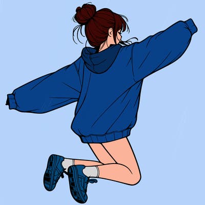 realistic girl jumping with a bun and oversized sweatshirt