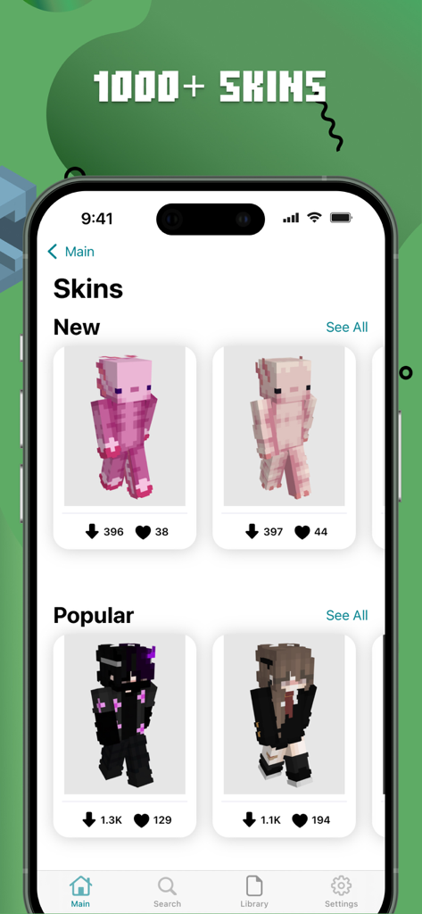 Mods, Maps Skins for Minecraft - Mobile app interface displaying a variety of new and popular Minecraft character skins.