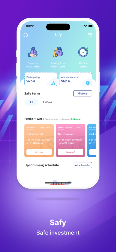 VPS SmartOne - Safy safe investment interface on the VPS SmartOne app showing coverage and flexible terms