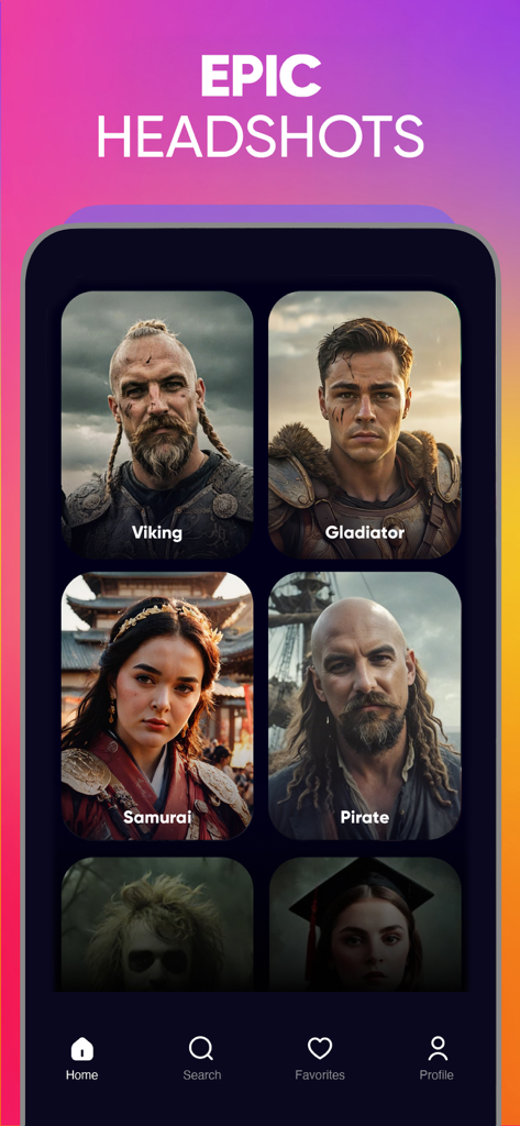 Revive: AI Face Photo Animator - Uma interface de aplicativo móvel exibindo retratos de IA gerados em estilos Viking, Gladiador, Samurai e Pirata.