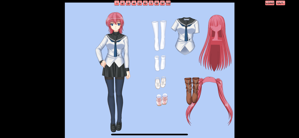 Interface of iKISS app showing an anime girl character with various clothing and hair customization options.