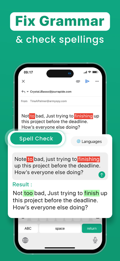 AI Keyboard - Grammar Check - Screenshot of AI Keyboard app highlighting grammar and spelling corrections in an email draft on an iPhone