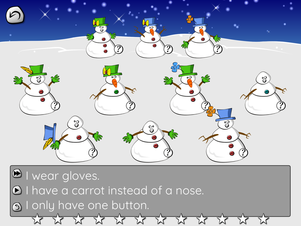 Educational reading comprehension game screen with snowman characters and logic clues