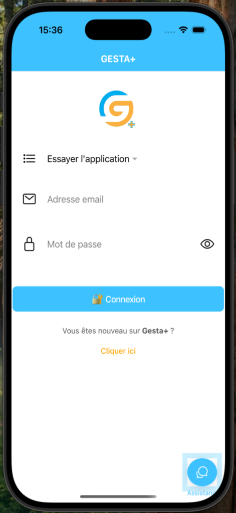 Gesta+ Tableau de bord - Interfaz de inicio de sesión para la aplicación de panel de negocios Gesta plus que muestra campos de entrada de correo electrónico y contraseña