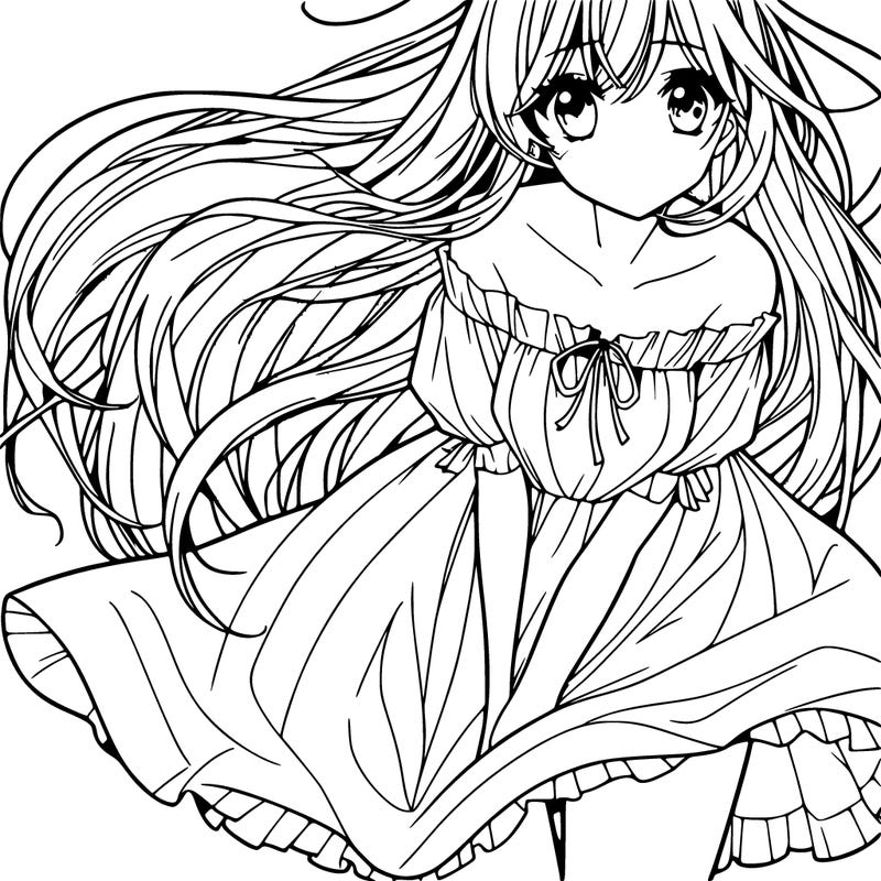 manga girl with long flowing hair and a dress that is pushed down
