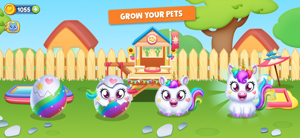 Town Pets: Hatch & Grow - Cuatro etapas de incubación y crecimiento de una mascota unicornio en un entorno de patio trasero