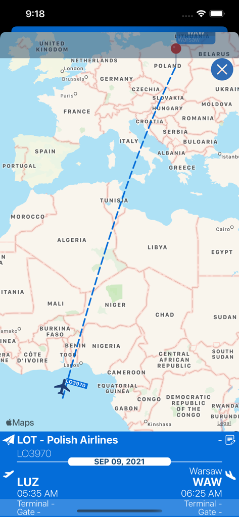Real-time flight tracking map for LOT Polish Airlines arriving at Warsaw Chopin Airport