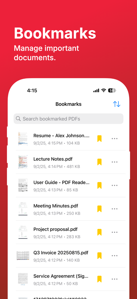PDF Reader Pro: Scan & Sign - PDF Reader Pro Bookmarks interface showing a list of saved documents like resumes and invoices
