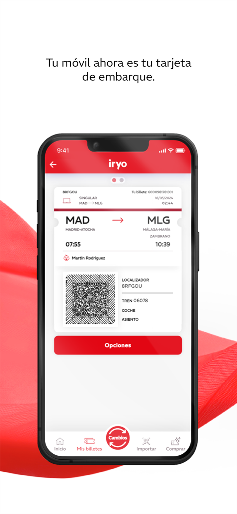 Iryo - Un biglietto d'imbarco mobile con un codice QR sull'interfaccia dell'app del treno Iryo.