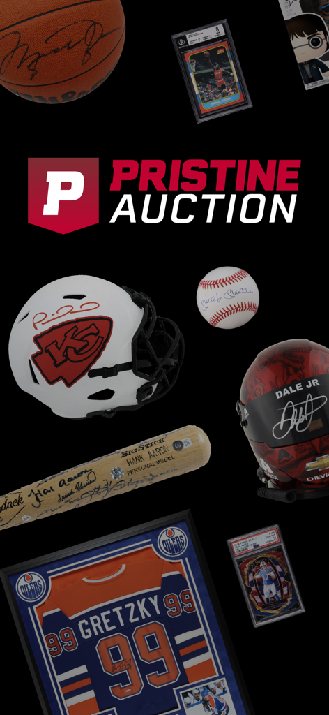 Pristine Auction - Pristine Auction logo surrounded by various autographed sports collectibles including jerseys, helmets, and trading cards.