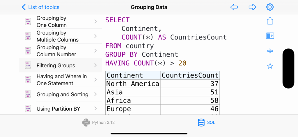 Python & SQL - SQL code recipe showing how to group and filter data using the HAVING clause