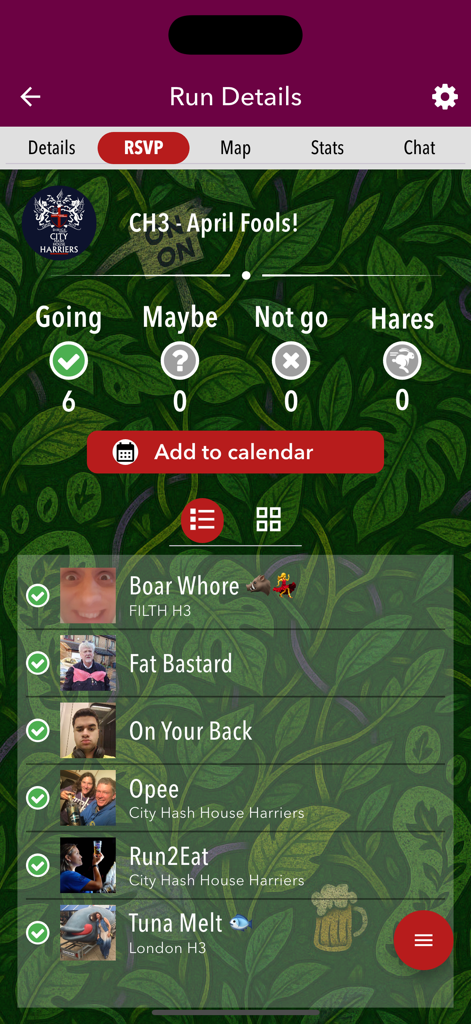 Harrier Central - Tela de RSVP do aplicativo Harrier Central mostrando a lista de participantes para um evento de corrida de hash