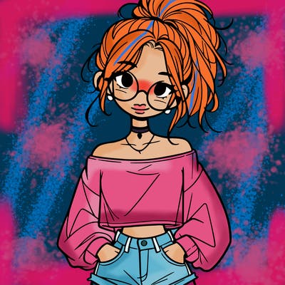 girl with a messy ponytail glasses a baggy crop top and jean shorts