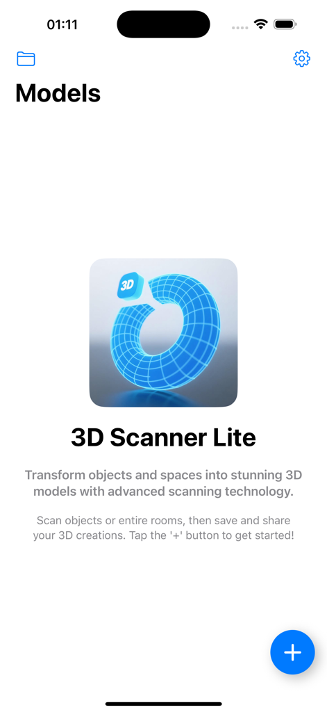 3D Scanner Lite - 3D 스캐너 Lite 앱의 환영 화면으로, 로고와 새 3D 스캔 시작 지침이 표시됩니다.