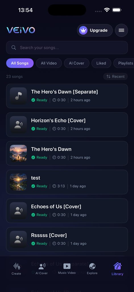 AI Music Generator: Songs - Library view of the AI music generator app displaying a list of created songs.