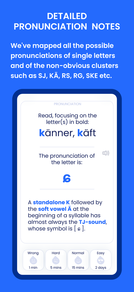 Mjølnir Swedish - Mjolnir Swedish app interface showing detailed pronunciation notes for the letter K followed by the vowel A in the words kanner and kaft.
