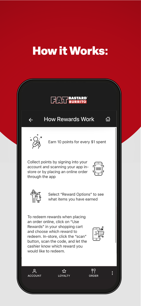 FAT BASTARD - La pantalla Cómo funcionan las recompensas de la app Fat Bastard Burrito explica cómo ganar y canjear puntos de fidelidad.