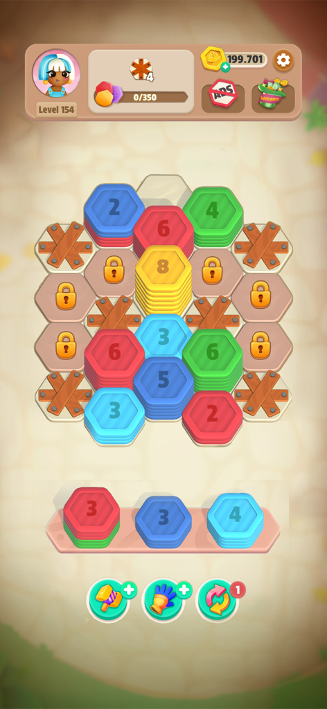 Hexa Stack: Color Sort Puzzle - Gameplay of Hexa Stack Color Sort Puzzle showing colorful hexagonal tiles and board obstacles