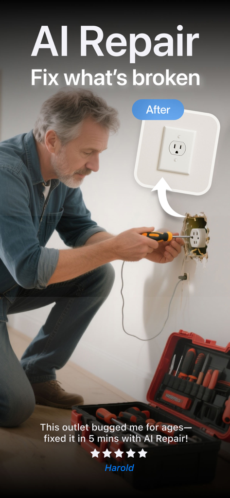 AI Repair: DIY Home Fix Guide - A man using a screwdriver to fix an electrical outlet with the help of the AI Repair app