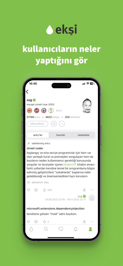 ekşi - Una captura de pantalla de la aplicación Eksi que muestra una página de perfil de usuario con historial de entradas y estadísticas de seguidores en un fondo verde.