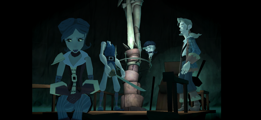 Guybrush Threepwood y Elaine Marley en una escena de una cueva oscura de Tales of Monkey Island Episodio 5