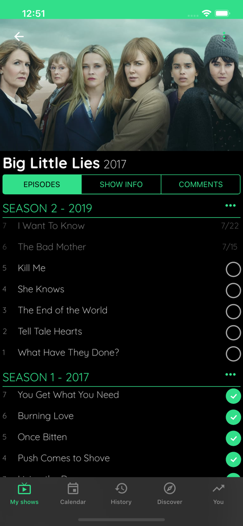 TV Show & Movie Tracker - TV show tracker app displaying episodes list and watched progress for Big Little Lies