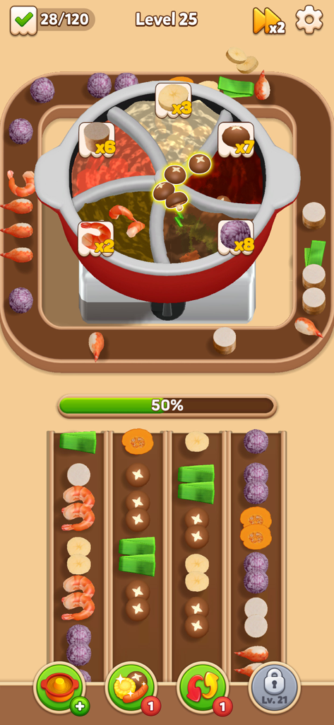 Gameplay interface of Hotpot Flow showing food ingredients being sorted into a hot pot