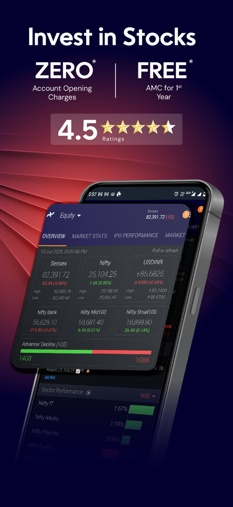 Nuvama: Live Share Trading App - Nuvama trading app interface showing live market data and stock indices.