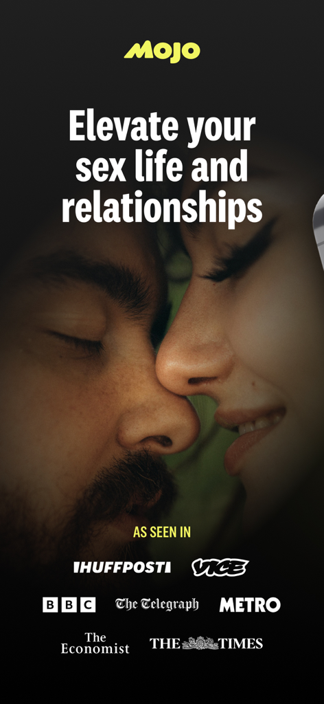 Mojo app intro screen with a couple and media logos from BBC Vice and The Times