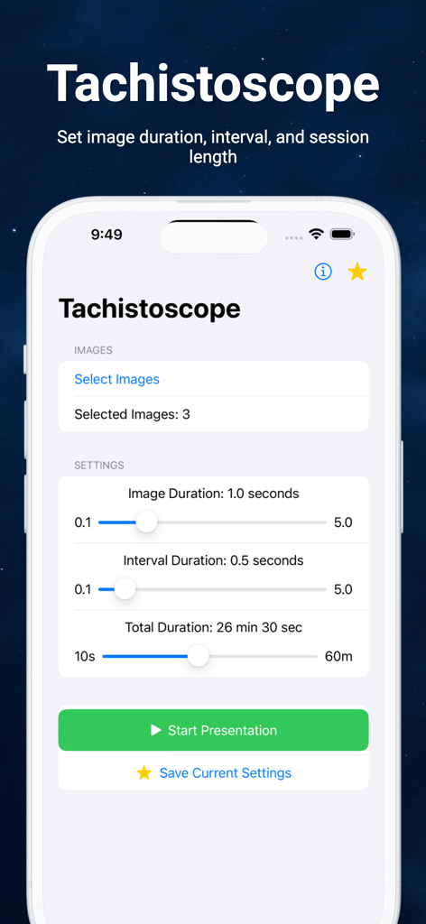 Tachistoscope - Tachistoscope app settings screen for configuring image duration and visual training sessions