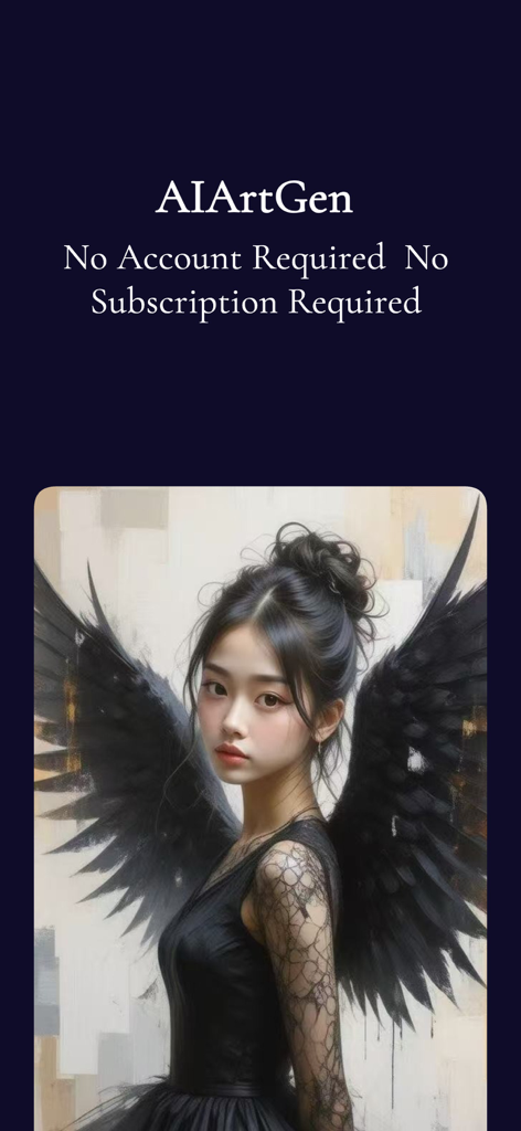 AIArtGen app screen showing a digital art portrait of a girl with black wings and text stating no subscription required