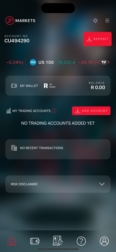 JP Markets 앱 대시보드에 ZAR 잔액과 계좌 세부 정보가 표시됩니다.