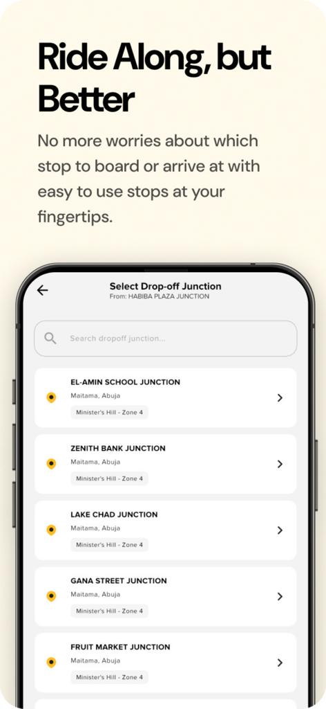 Interfaz de la aplicación Along que muestra una lista de cruces de destino en Abuja para una fácil planificación del tránsito