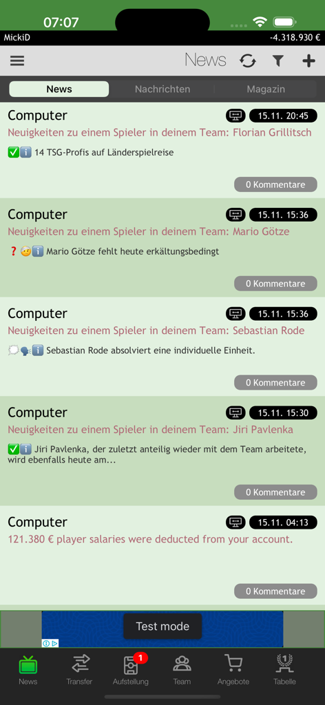 News feed in the Comunio football manager app showing player status updates and team financial activity.