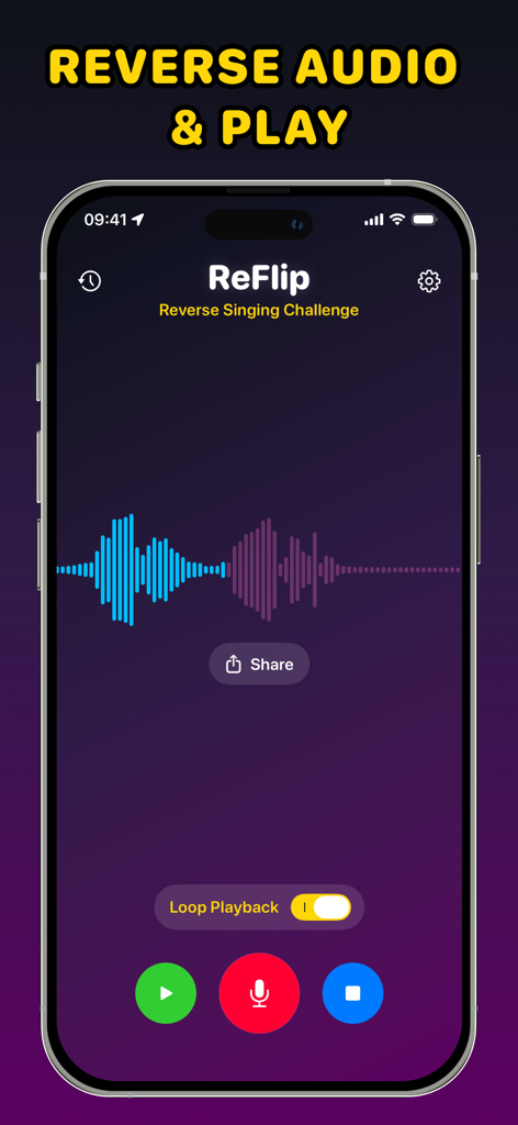 ReFlip: Reverse Audio & Play - ReFlip App-Bildschirm mit einer Schallwelle und Aufnahmetasten für die Reverse Singing Challenge