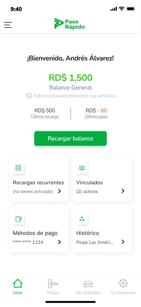 Paso Rápido - Paso Rapido app dashboard showing account balance and toll recharge options