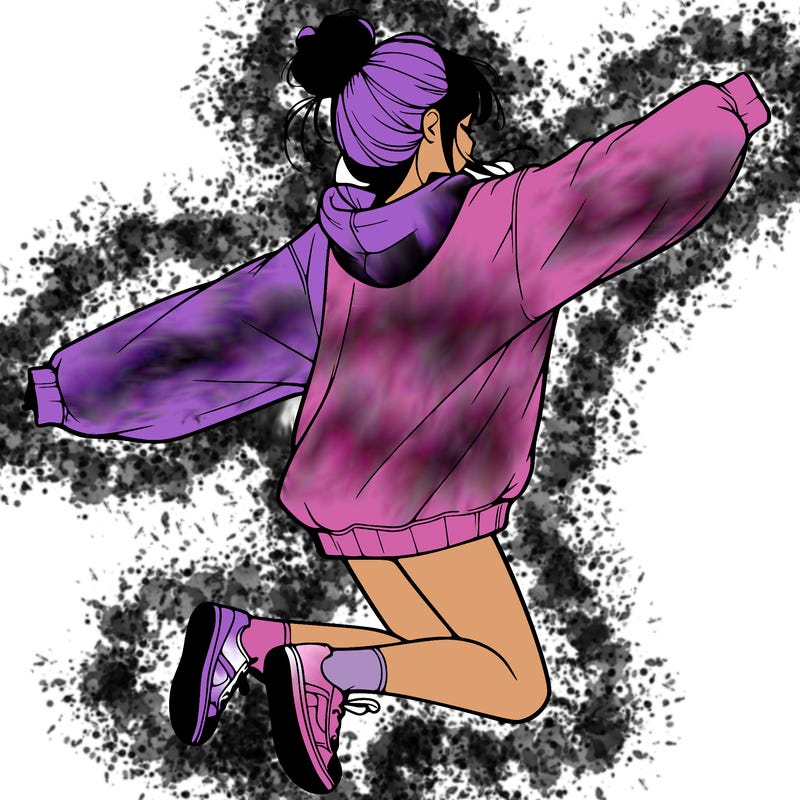realistic girl jumping with a bun and oversized sweatshirt
