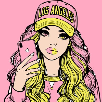 realistic beautiful girl wearing los ángeles cap holding an iphone
