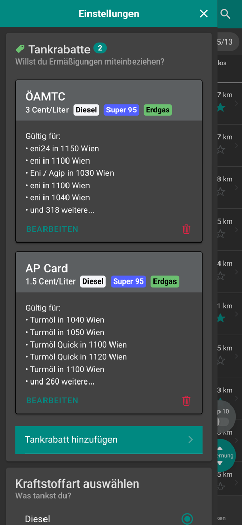 Pantalla de configuración que muestra tarjetas de descuento de combustible para OEAMTC y AP Card en la aplicación Precios de Combustible Austria